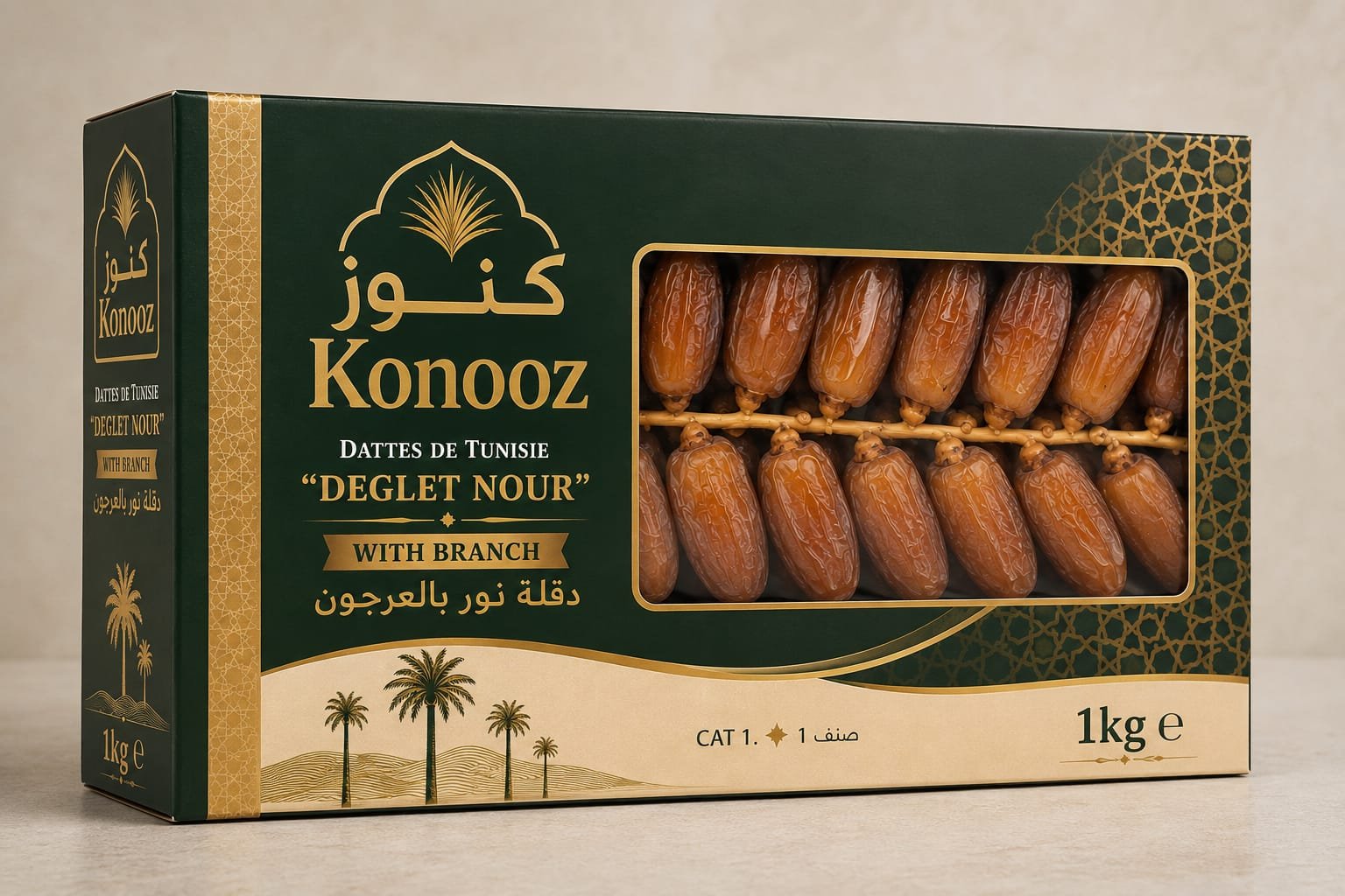 Konooz branded 1kg gift box of branched Deglet Noor dates